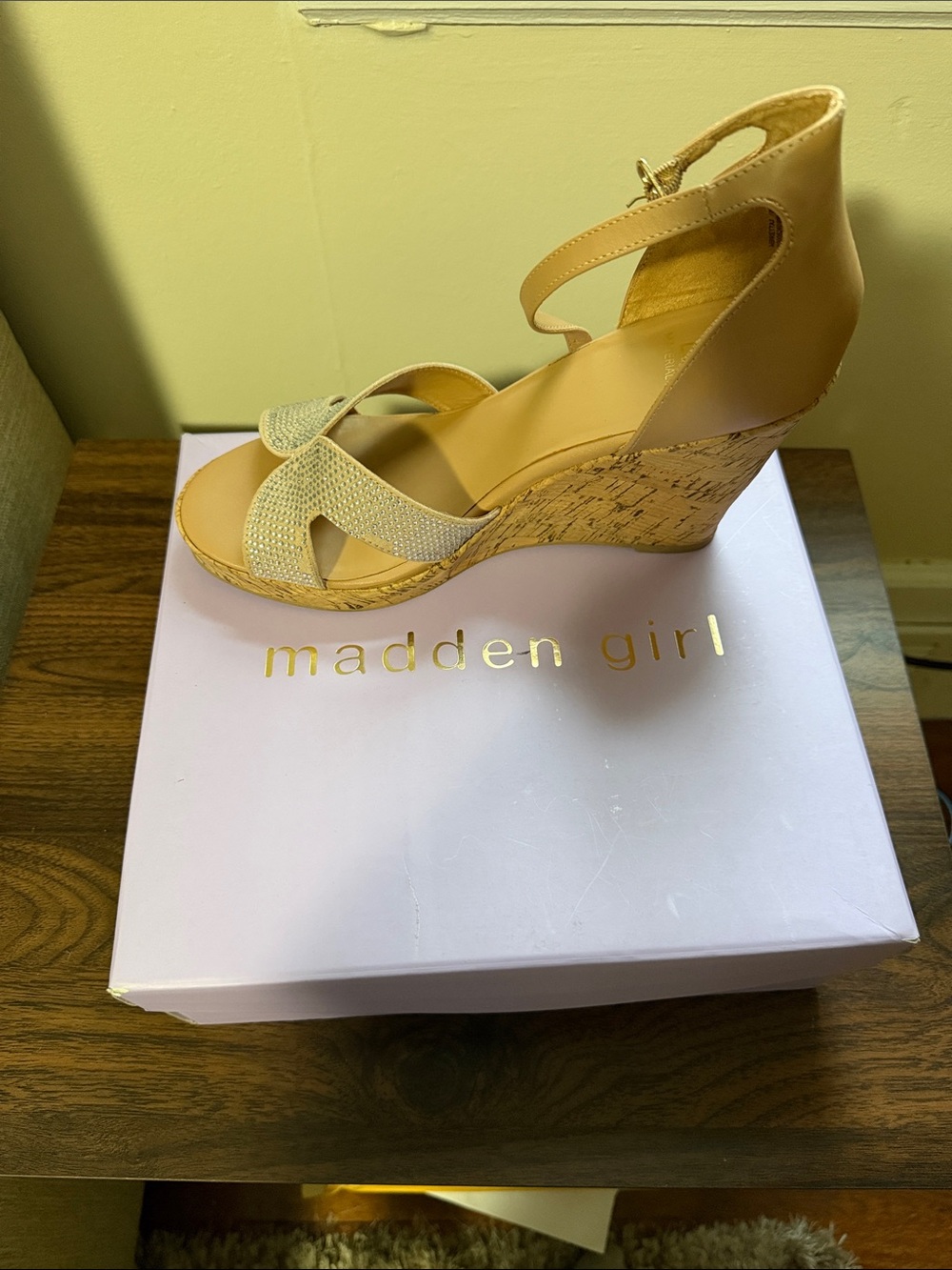 Madden Girl Beige Tan Wedge Sandals with Cork Platform